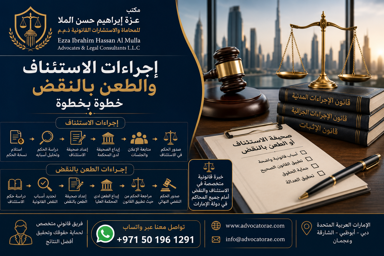 محامي استئناف ونقض في الإمارات – إجراءات تقديم الاستئناف والطعن بالنقض وتمثيل العملاء أمام المحاكم.